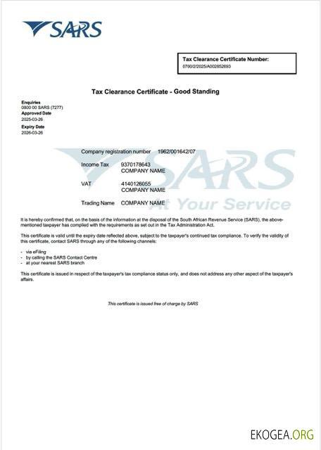 Modèle Word et PDF de certificat de dédouanement fiscal en Afrique du Sud